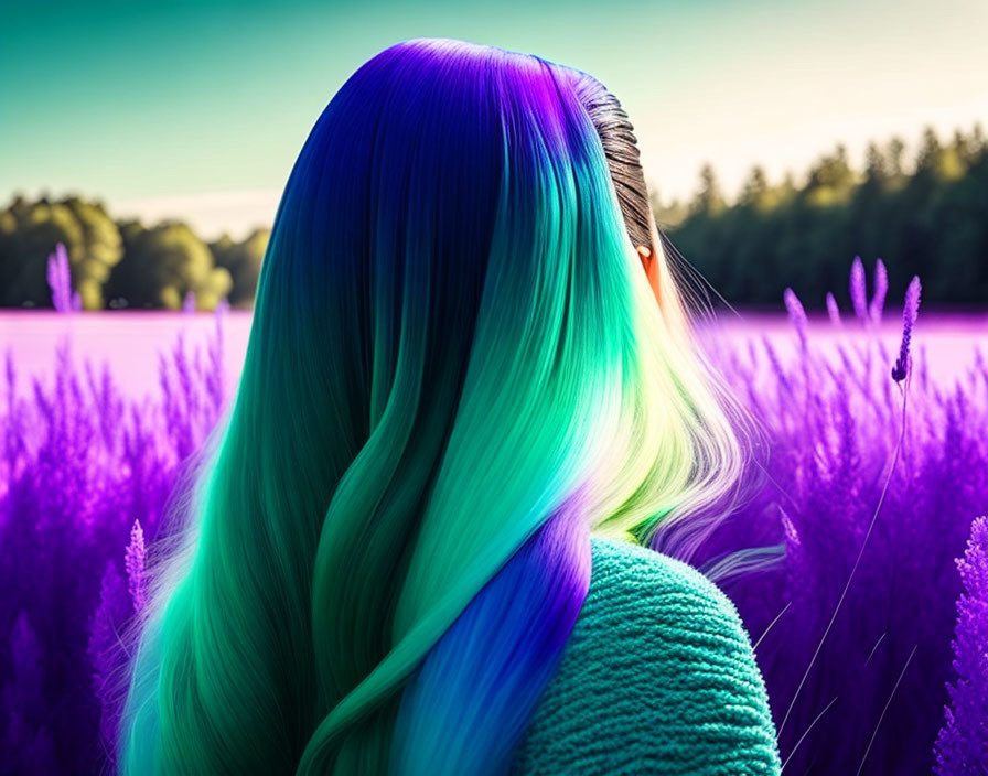 Vibrant blue and green dyed hair in purple lavender field at sunset