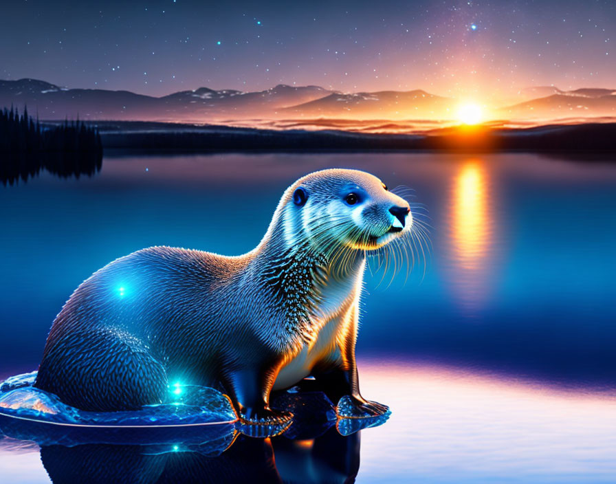 Glowing otter by serene lake at sunrise with mountains and starry sky