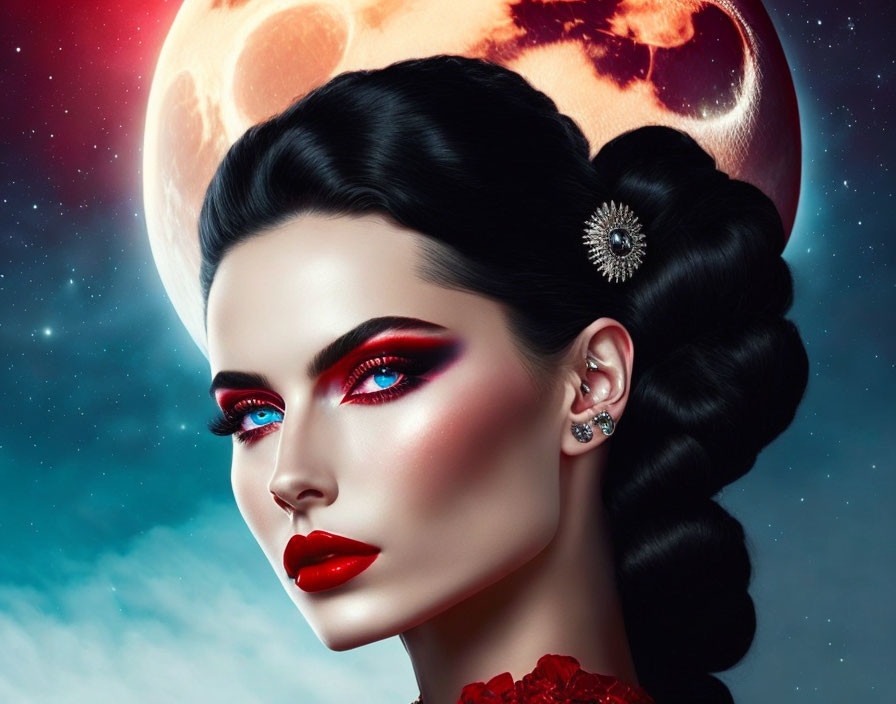 Woman with Red Lipstick and Stylish Hair Against Moon and Stars