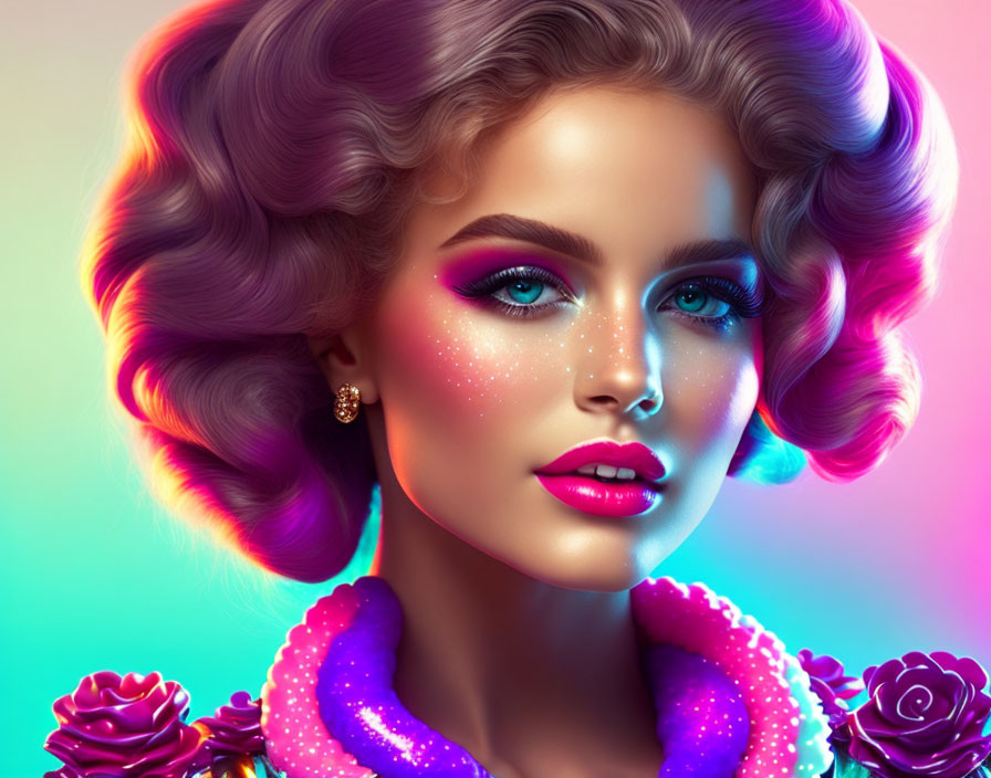 Colorful digital portrait of woman with curly hair, blue eyes, pink makeup, purple outfit.