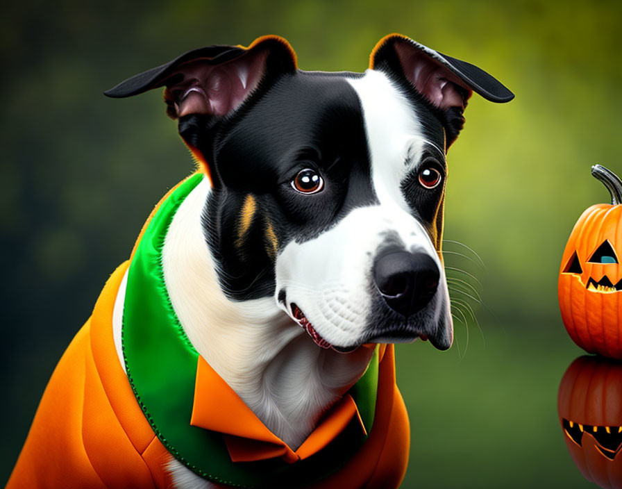 Black and white dog in Halloween costume next to carved pumpkin