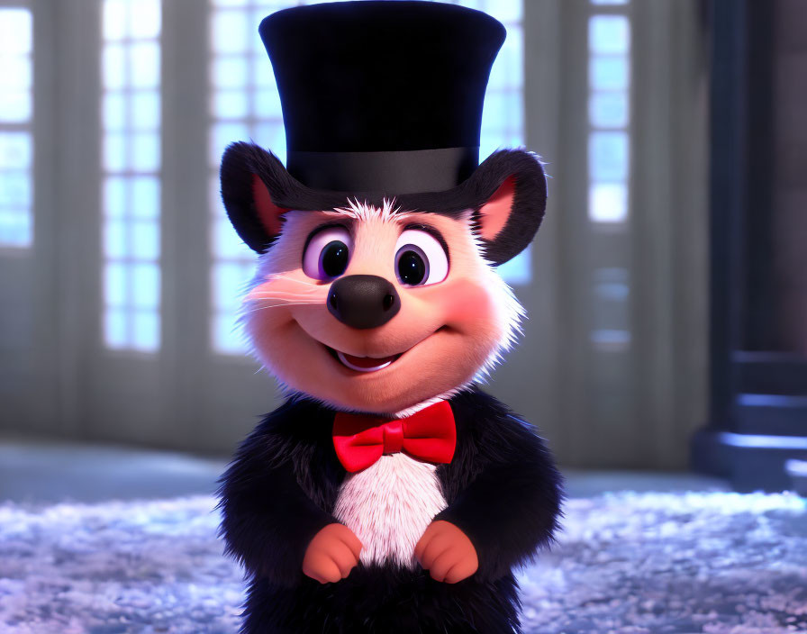 Cheerful furry black-and-white animated character with top hat and bow tie indoors