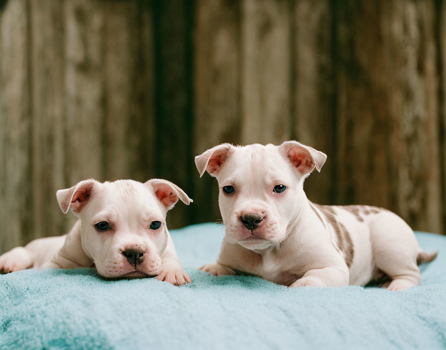 Two white puppies with eye patches on blue blanket and wooden backdrop