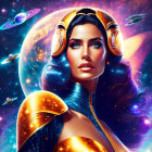 Vibrant digital art: Woman with cosmic makeup in futuristic armor amid galaxies