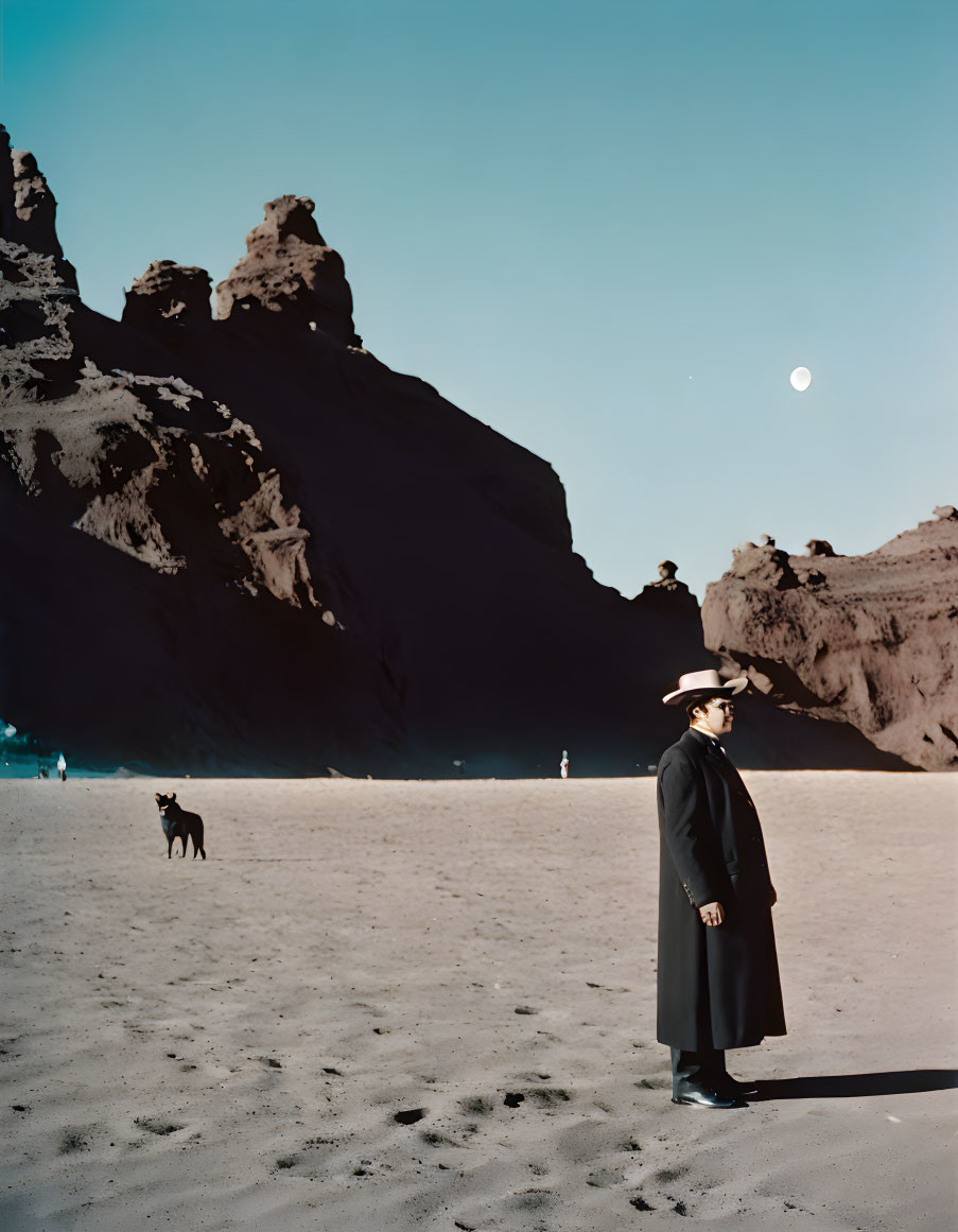 Person in hat and coat with dog in desert under moonlit sky