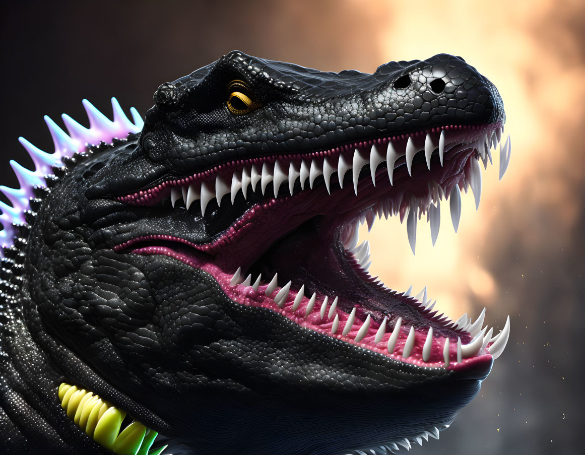 Detailed Close-Up of Black Alligator-Like Creature with Colorful Spines