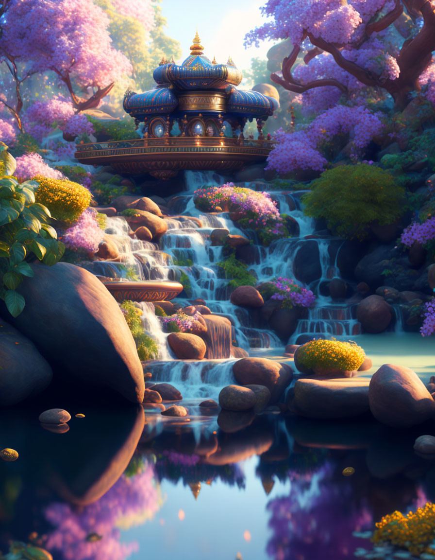 Tranquil fantasy landscape with waterfall, purple foliage, and blue-roofed pavilion