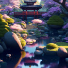 Tranquil fantasy landscape with waterfall, purple foliage, and blue-roofed pavilion