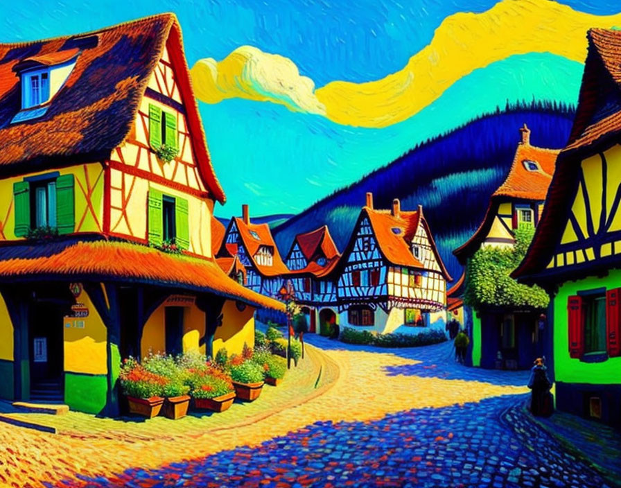 Colorful European village street with half-timbered houses under blue sky