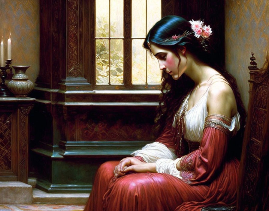 Pensive woman in historical attire by sunlit window