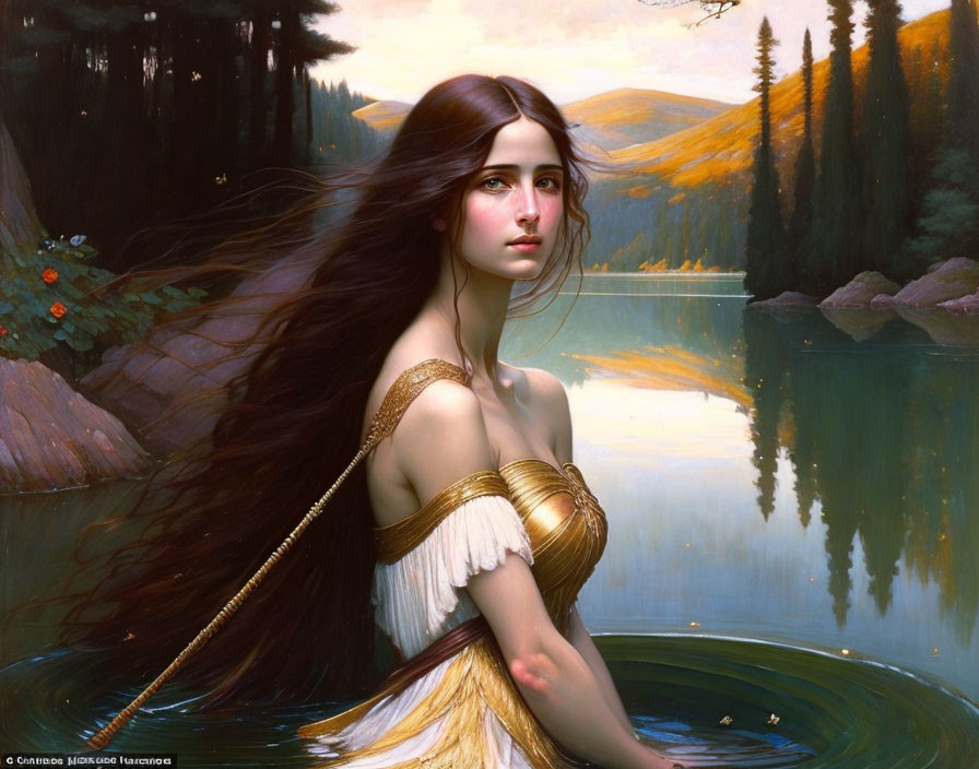 Young woman with flowing hair by tranquil forest lake at twilight