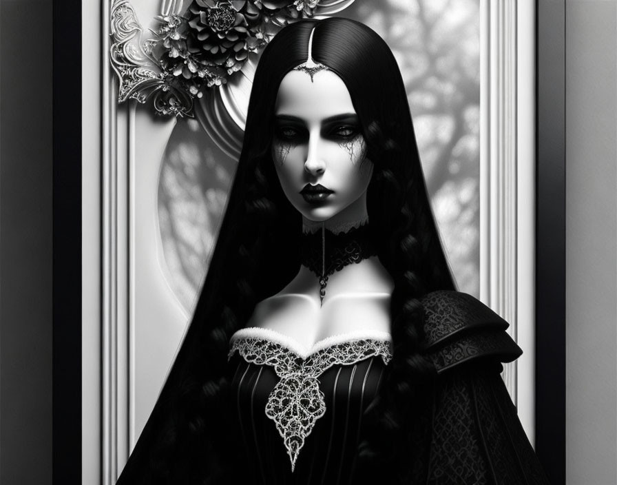 Monochrome portrait of a woman in Gothic attire by ornate window