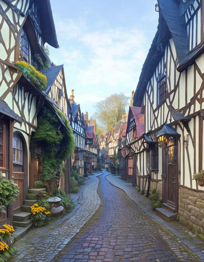 Quaint village with cobblestone street and half-timbered houses