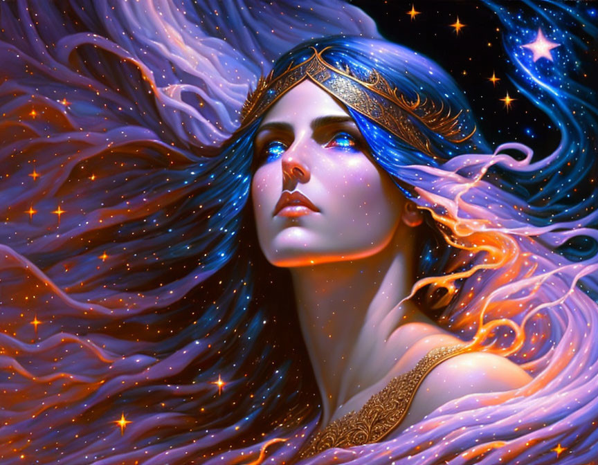 Mystical woman with star-infused hair and blue complexion against cosmic backdrop