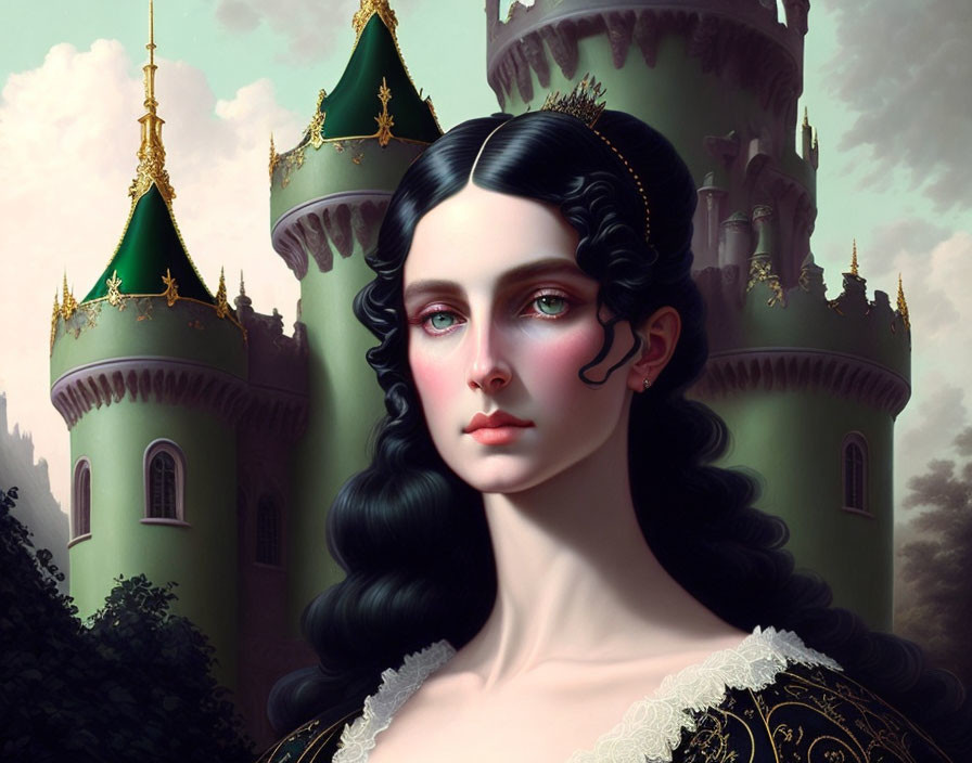 Digital artwork: Regal woman with dark hair in front of fairytale castle