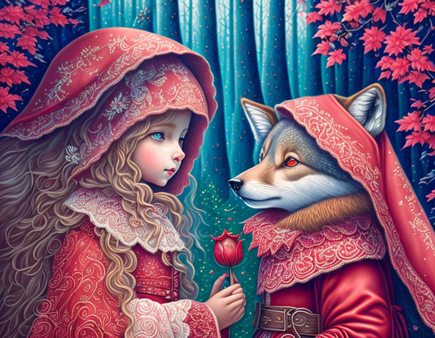 Illustration of girl and wolf in red cloaks in forest scene