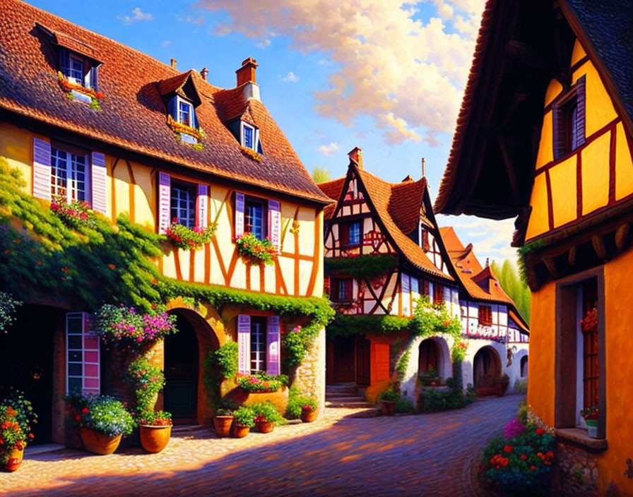 Traditional European village street with half-timbered houses and colorful flowers under sunny sky