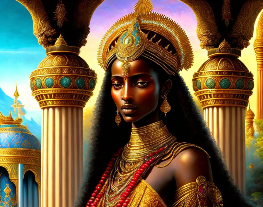 Dark-skinned figure in gold jewelry and headdress by golden pillars and blue-domed palace