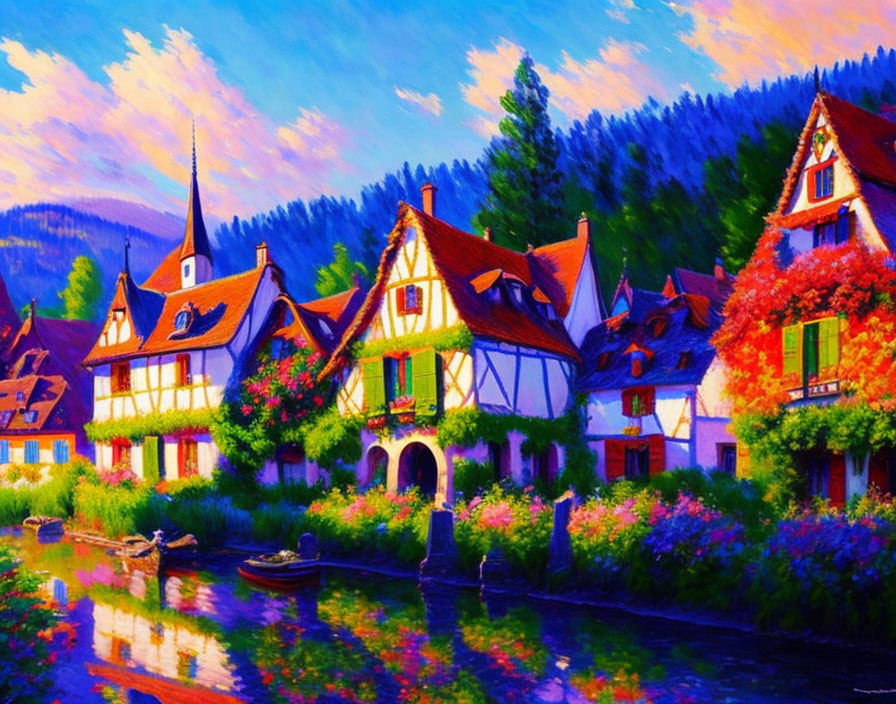 Colorful painting: quaint village, half-timbered houses, river, sunset sky, flowers