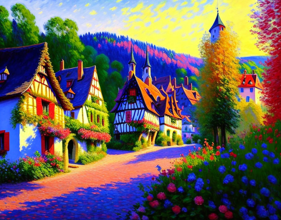 Colorful painting of idyllic village with half-timbered houses, tower, cobble