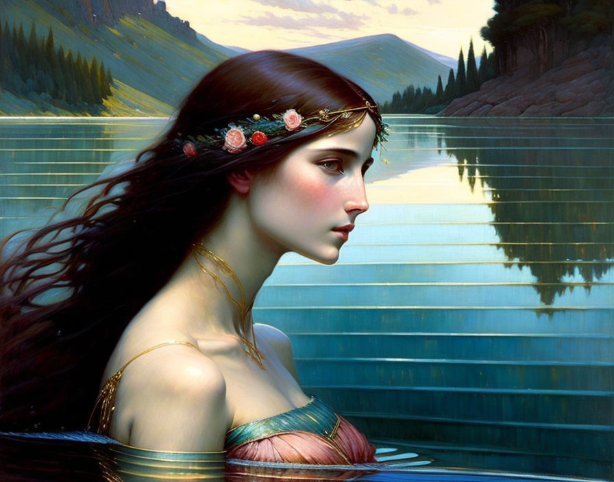 Tranquil digital painting of woman with floral crown by serene lake