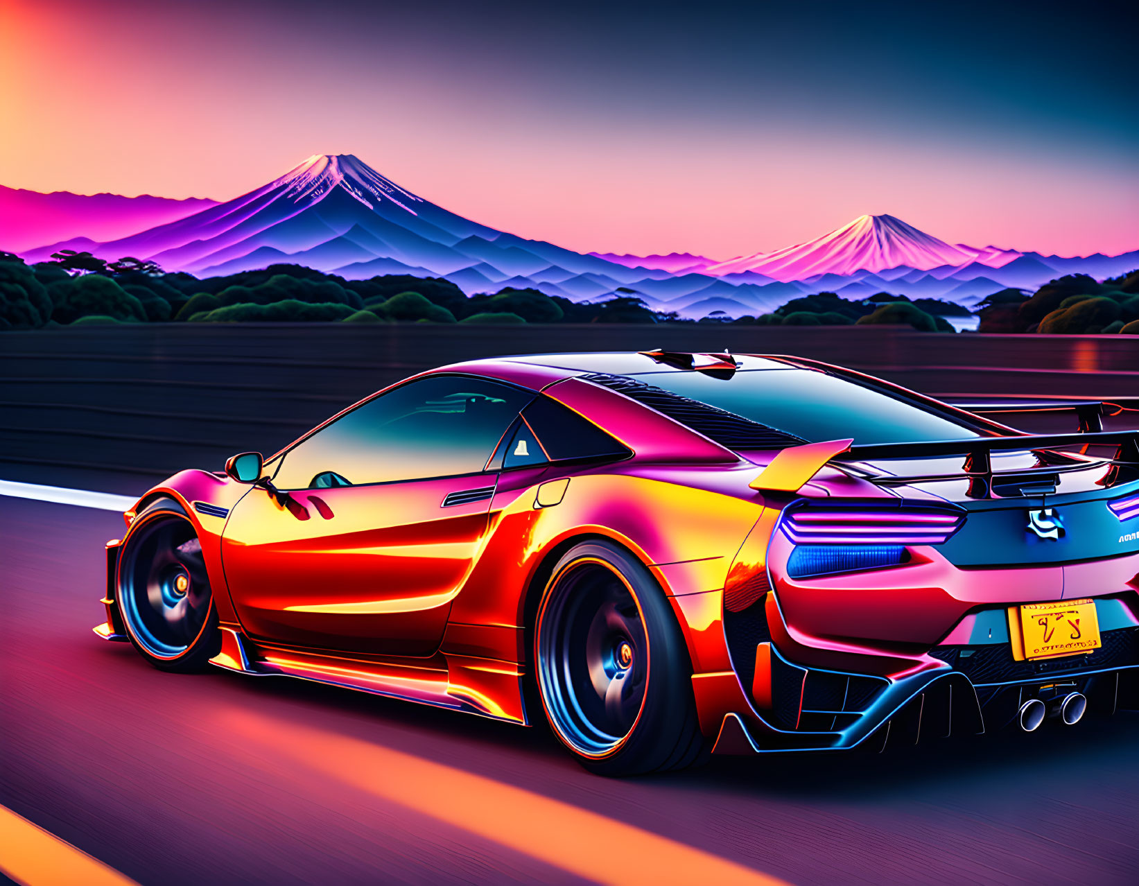 Vibrant sports car at purple sunset with Mount Fuji: futuristic and dynamic scene