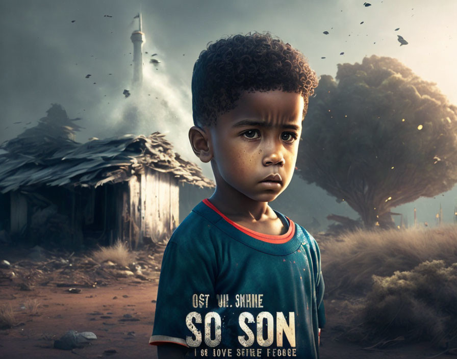 Young boy standing in desolate landscape with hut and smoky sky