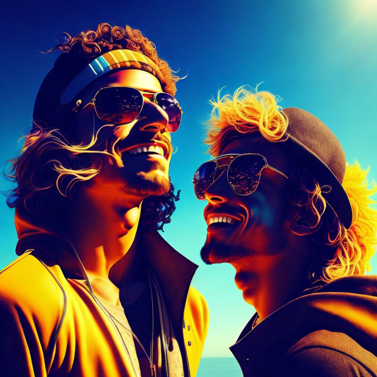 Two men in sunglasses laughing under sunny sky