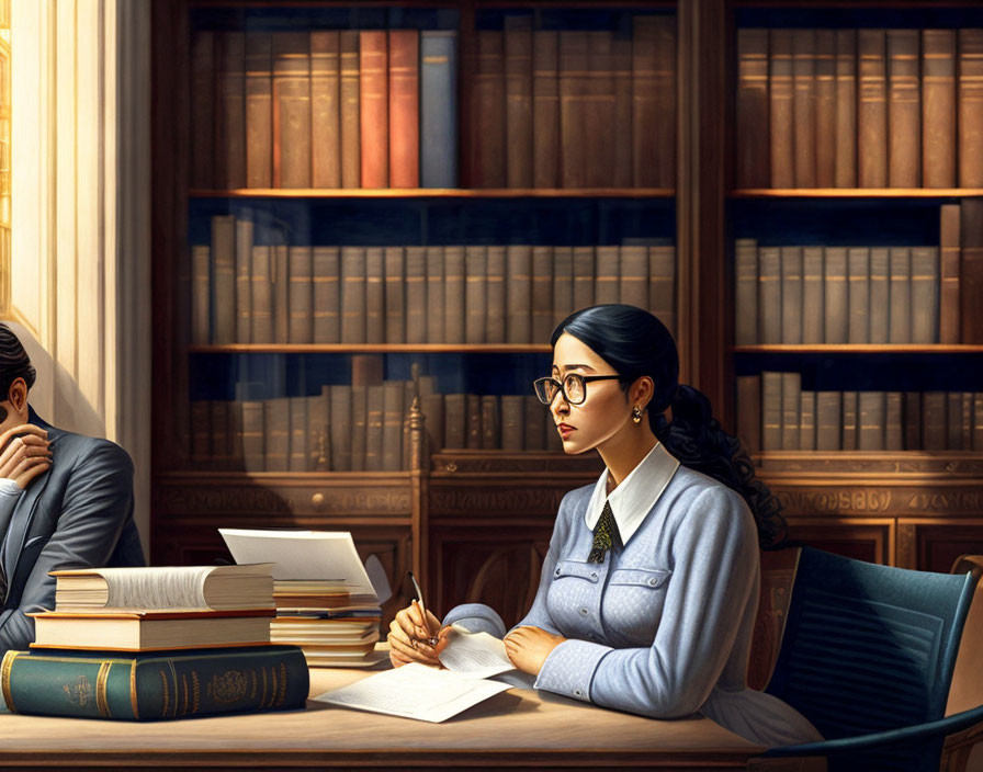 Woman writing notes beside distracted man in library with sunlight.