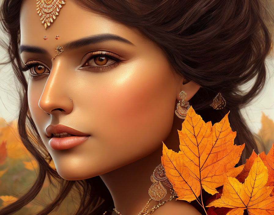 Digital Artwork: Woman with Striking Features and Golden Jewelry in Autumn Setting