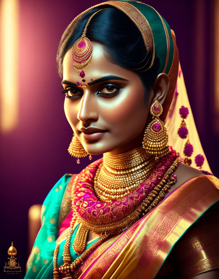 Traditional Indian bridal attire with intricate jewelry on woman in purple backdrop