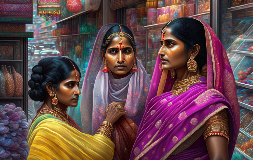 Three women in traditional Indian attire with intricate jewelry in a vibrant market.