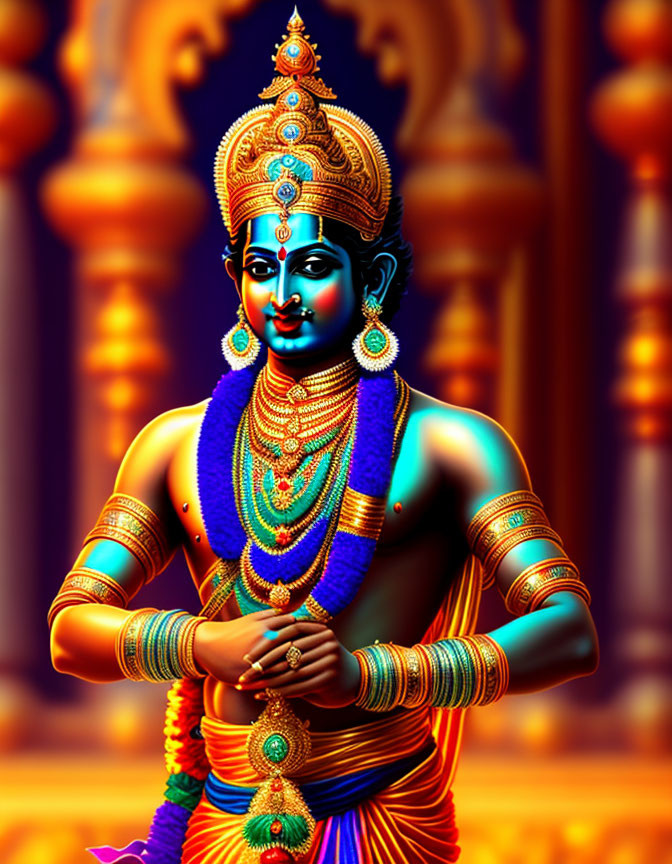 Blue-skinned figure with golden crown and jewelry on ornate background