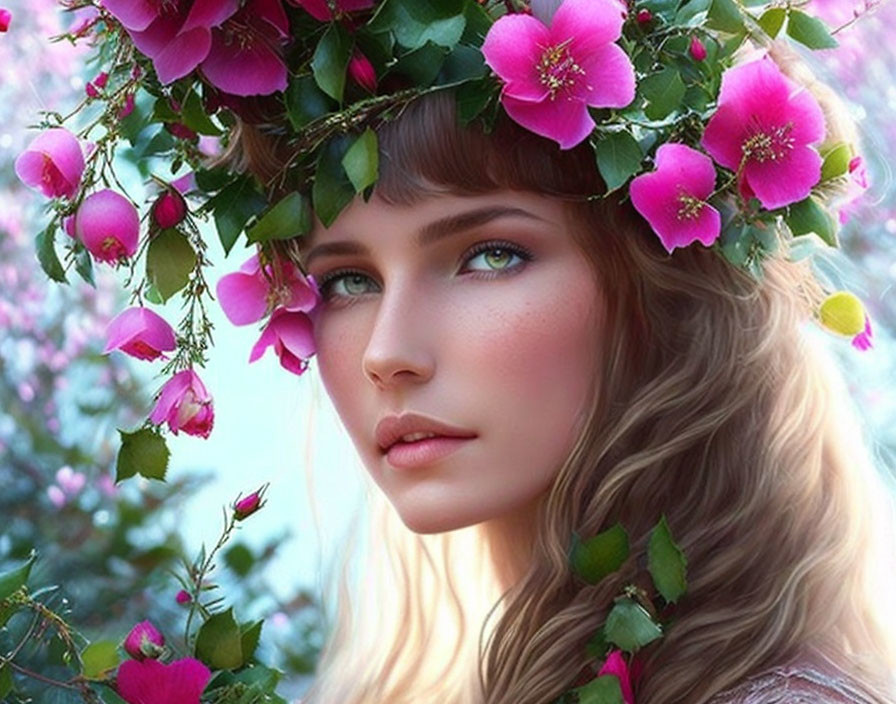 Blue-eyed woman with floral wreath in front of pink flowers