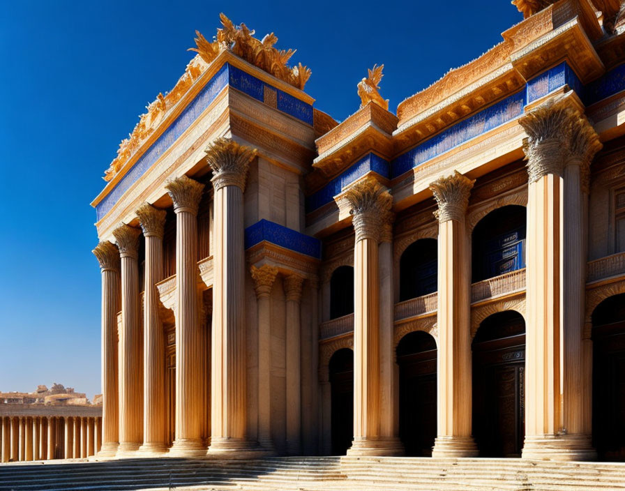 Ancient-style building with ornate Corinthian columns and richly decorated cornice against blue sky