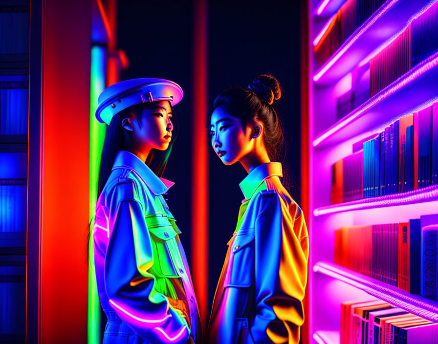 Women in library aisle under neon lights