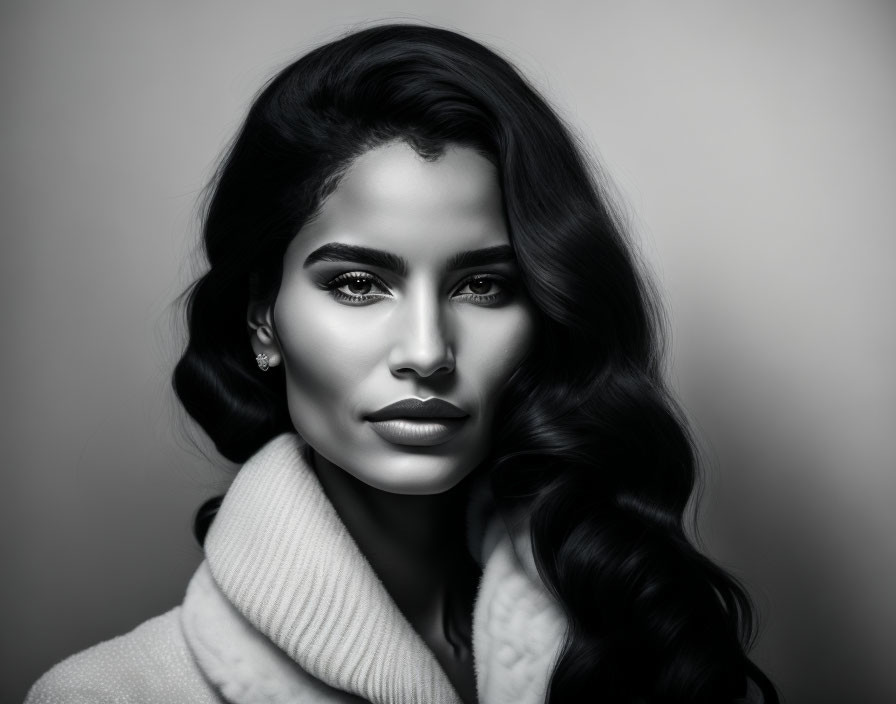 Monochromatic portrait of woman with dark hair and turtleneck