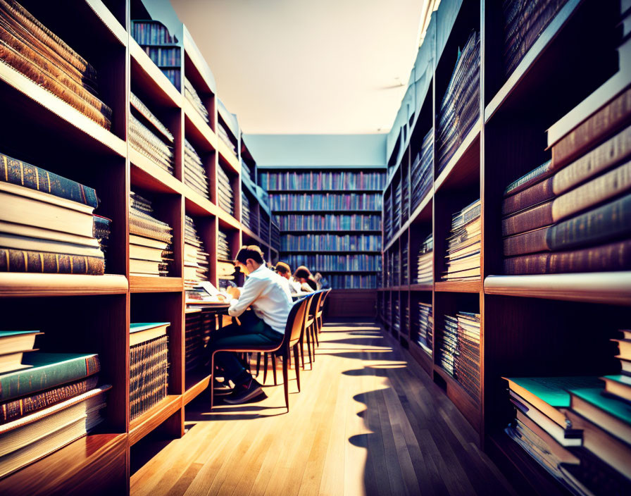 Students studying in sunlit library surrounded by tall bookshelves