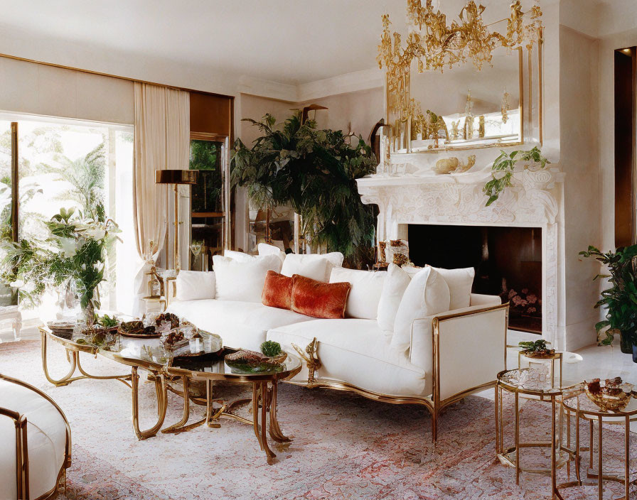 Luxurious White Sofa & Gold-Trimmed Furniture in Elegant Living Room