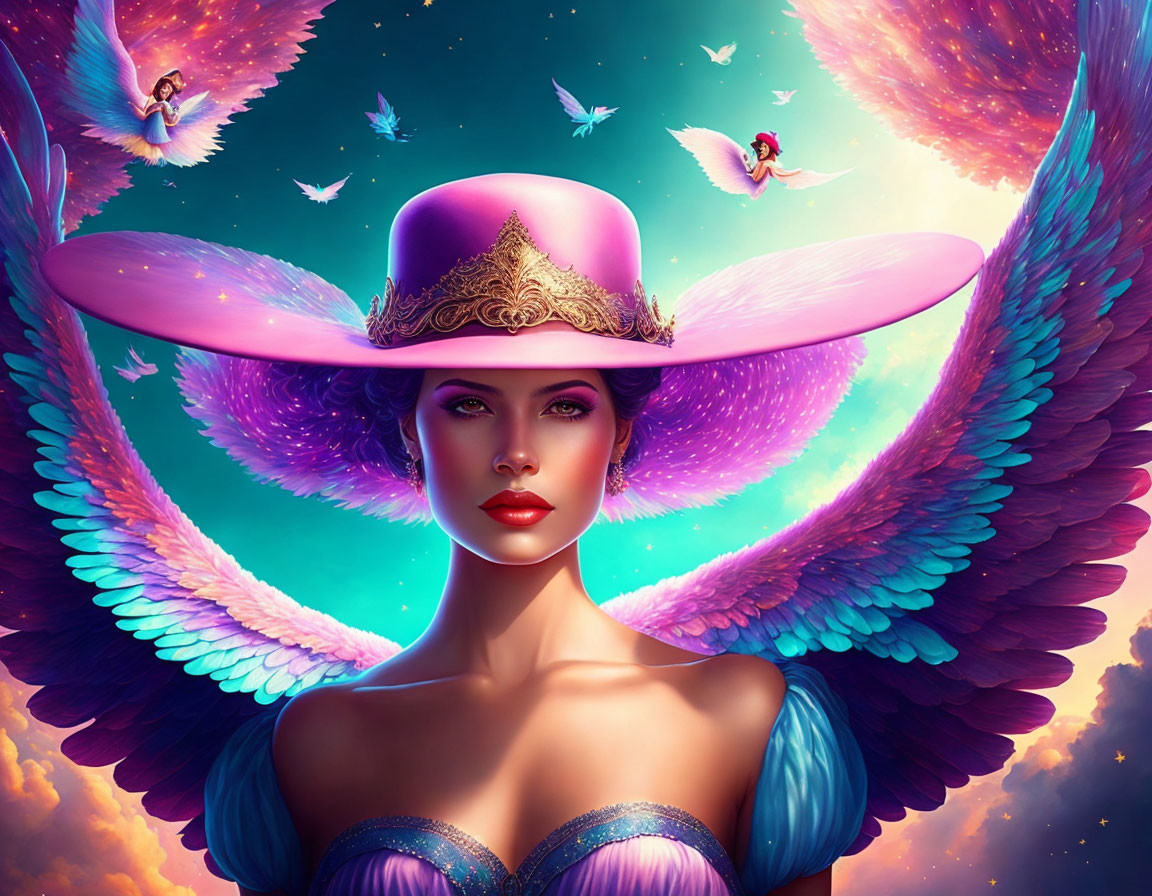 Digital artwork: Woman with angel wings, purple hat, fairies, cosmic background