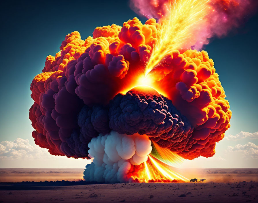 Fiery explosion with billowing red and orange clouds above barren landscape