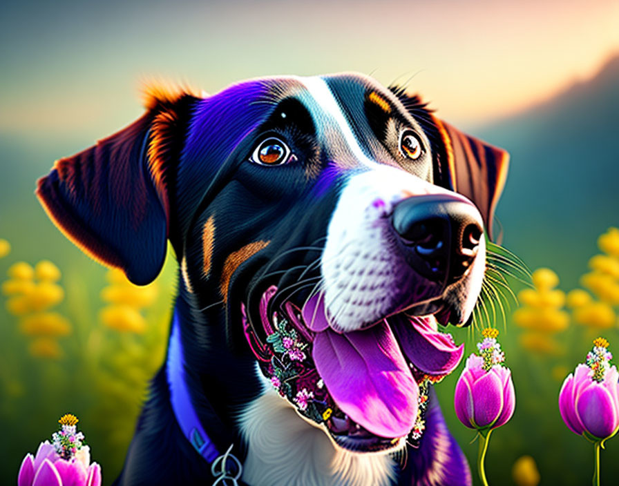 Vibrant illustration: Happy dog in gleaming collar amidst purple and yellow flowers at sunset