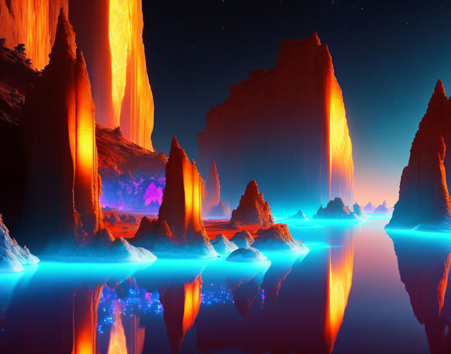 Vibrant sci-fi landscape with orange rock formations, lava flows, and blue river