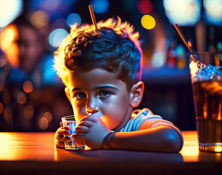 Young boy at bar with neon glow and drink in front