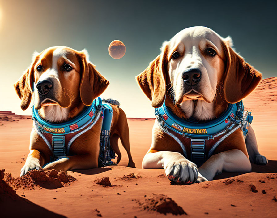 Two dogs in spacesuits explore Mars-like terrain with distant planet.