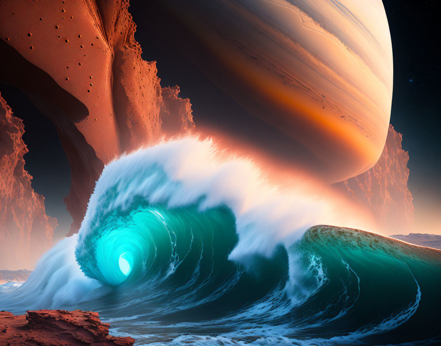 Enormous wave on alien planet with rock formations and gas planet.