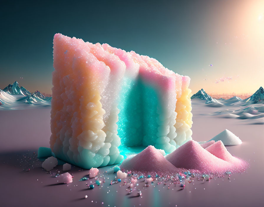 Digitally-rendered layered candy in surreal pastel landscape