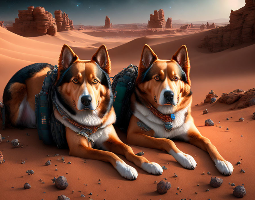 Two Alaskan Malamutes with backpacks in desert landscape at dusk