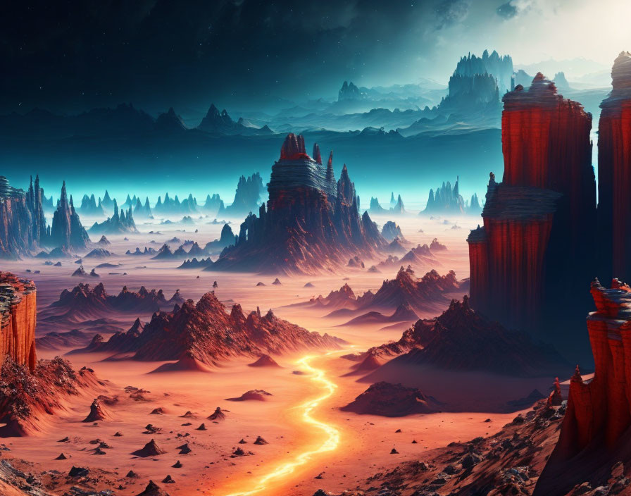 Alien landscape with red rock formations and lava river