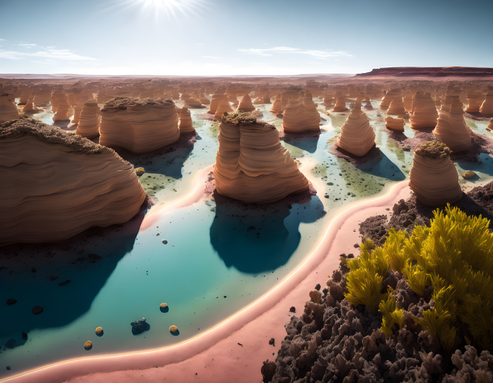 Colorful desert landscape with layered sandstone formations, turquoise river, and yellow flora.